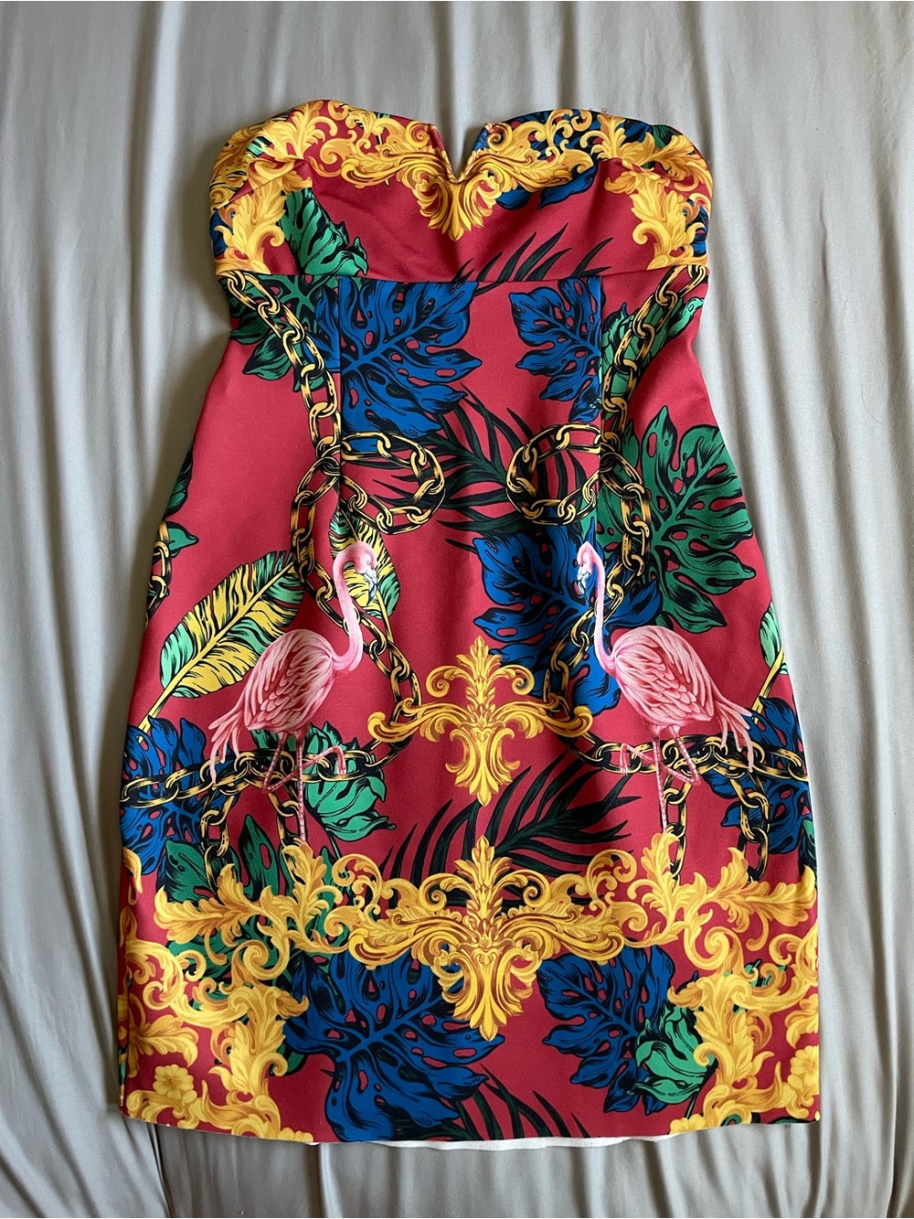 Strapless Flamingo Print Cocktail Dress - Red